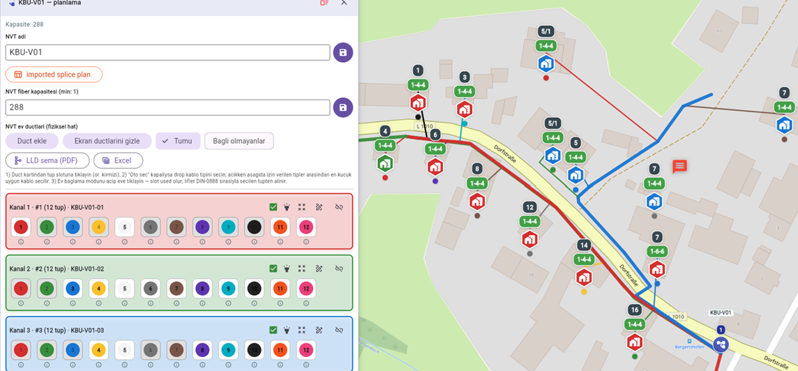 Digitale Netzplanung mit GIS-Karte und Faserkapazitäten